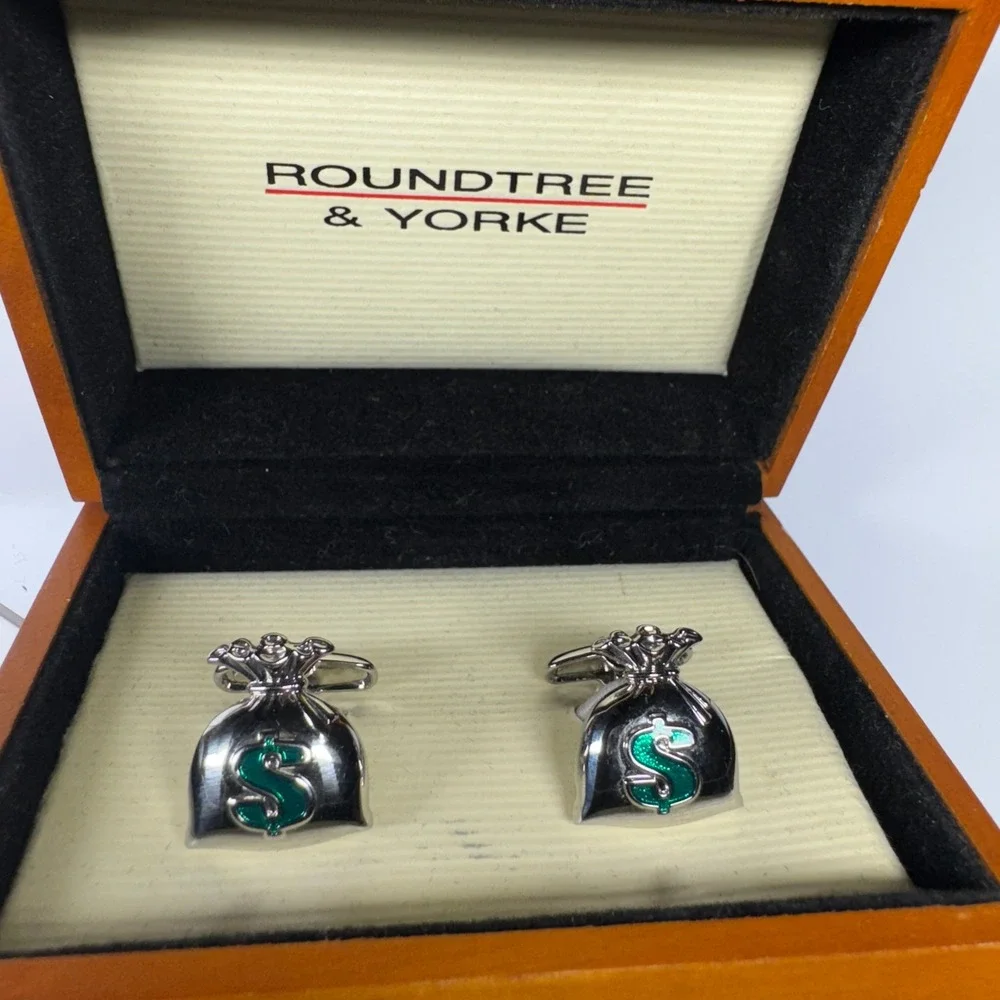 Roundtree & Yorke Silver Money Bag Cufflinks Green Dollar Sign‎